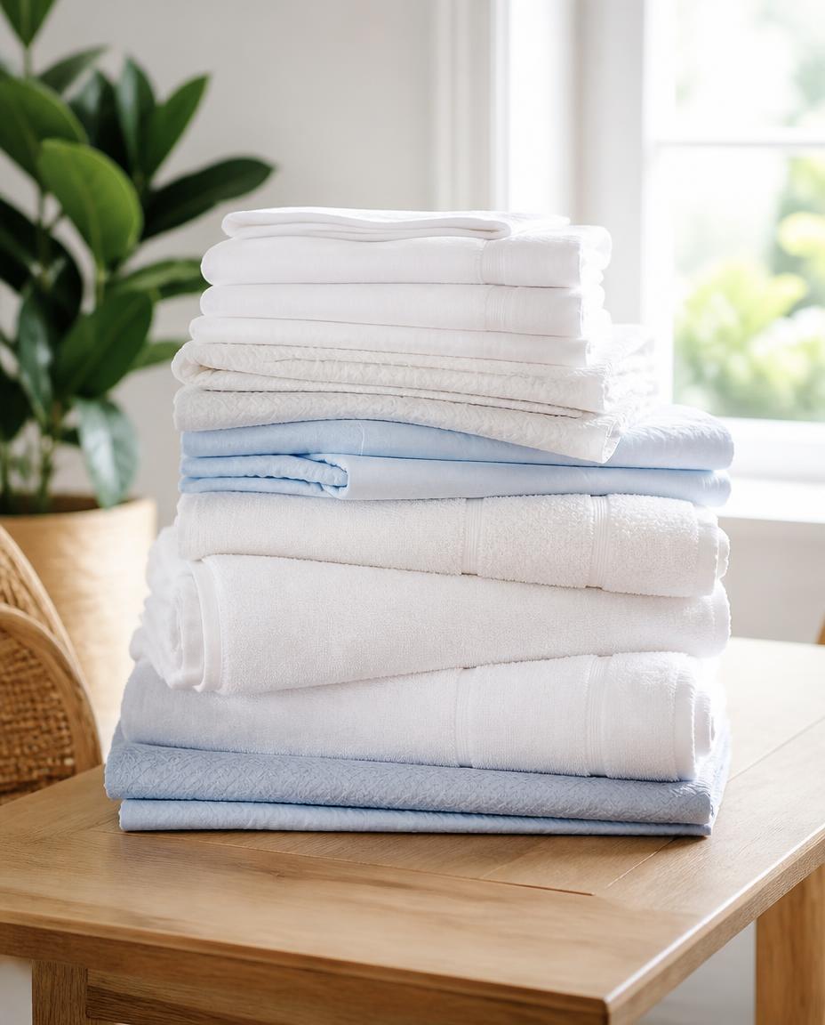 Neatly folded white and pale blue laundry stacked in a bright home