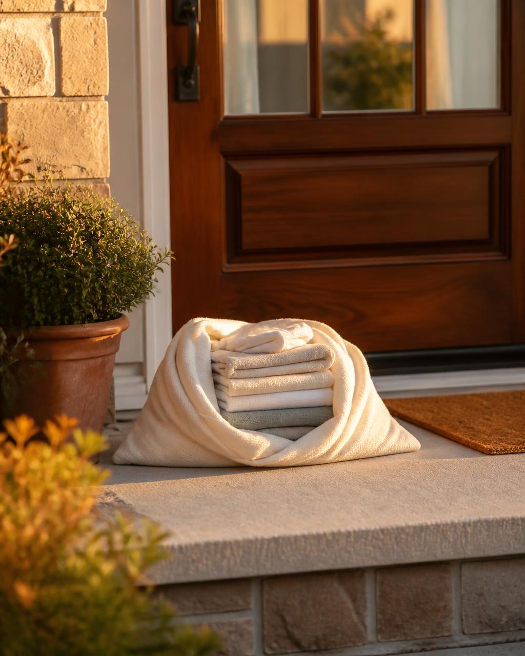 Folded clean laundry delivered to a front doorstep