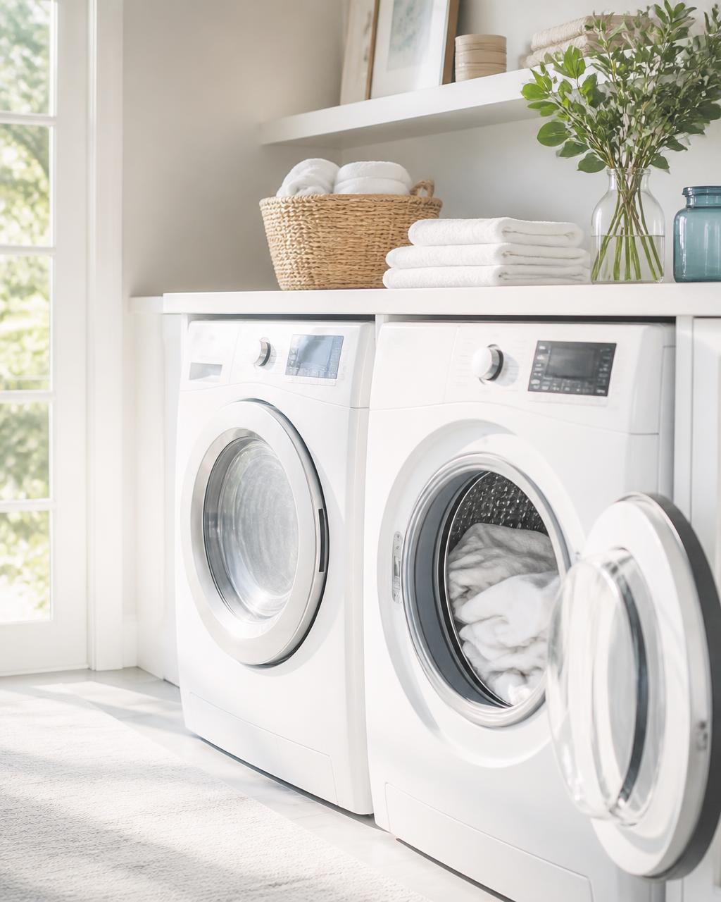 Clean modern washing machines in a bright laundry room